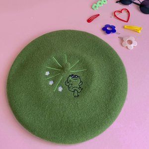 Beret with cool frog and lily pads embroidered